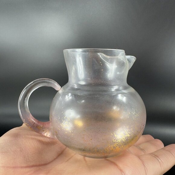 Mid Century Light Pink Glass Pitcher Carafe Miniature With Gold Flecks All Over - Picture 13 of 16
